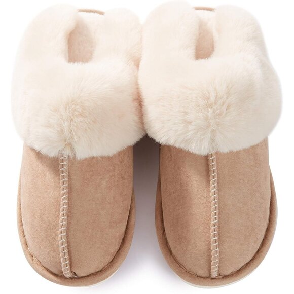Women's Tan Fluffy Cozy Winter Warm Memory Foam Slip On Slippers Shoes - Picture 4 of 6
